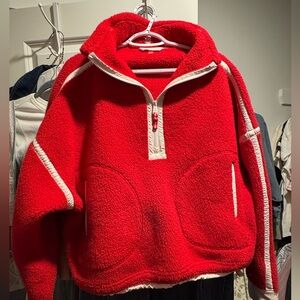 FP Movement by Free People Red Sherpa Half-Zip Pullover with Cream Trim
